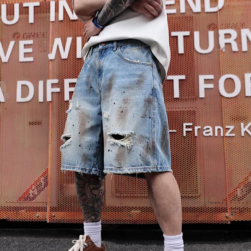 

Men's Distressed Denim Shorts Heavyweight Summer Streetwear Loose Fit Fashion Five-Pocket Style European American Design