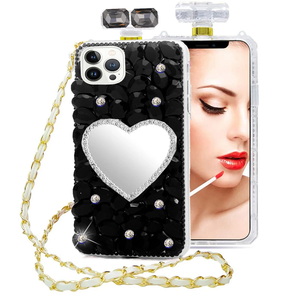 

Luxury Shiny Glitter Diamond 3D Glass Phone Case For Iphone 15Pro 15 14Pro 14 13Pro 13 Pro Max Back Cover with Lanyard Strap