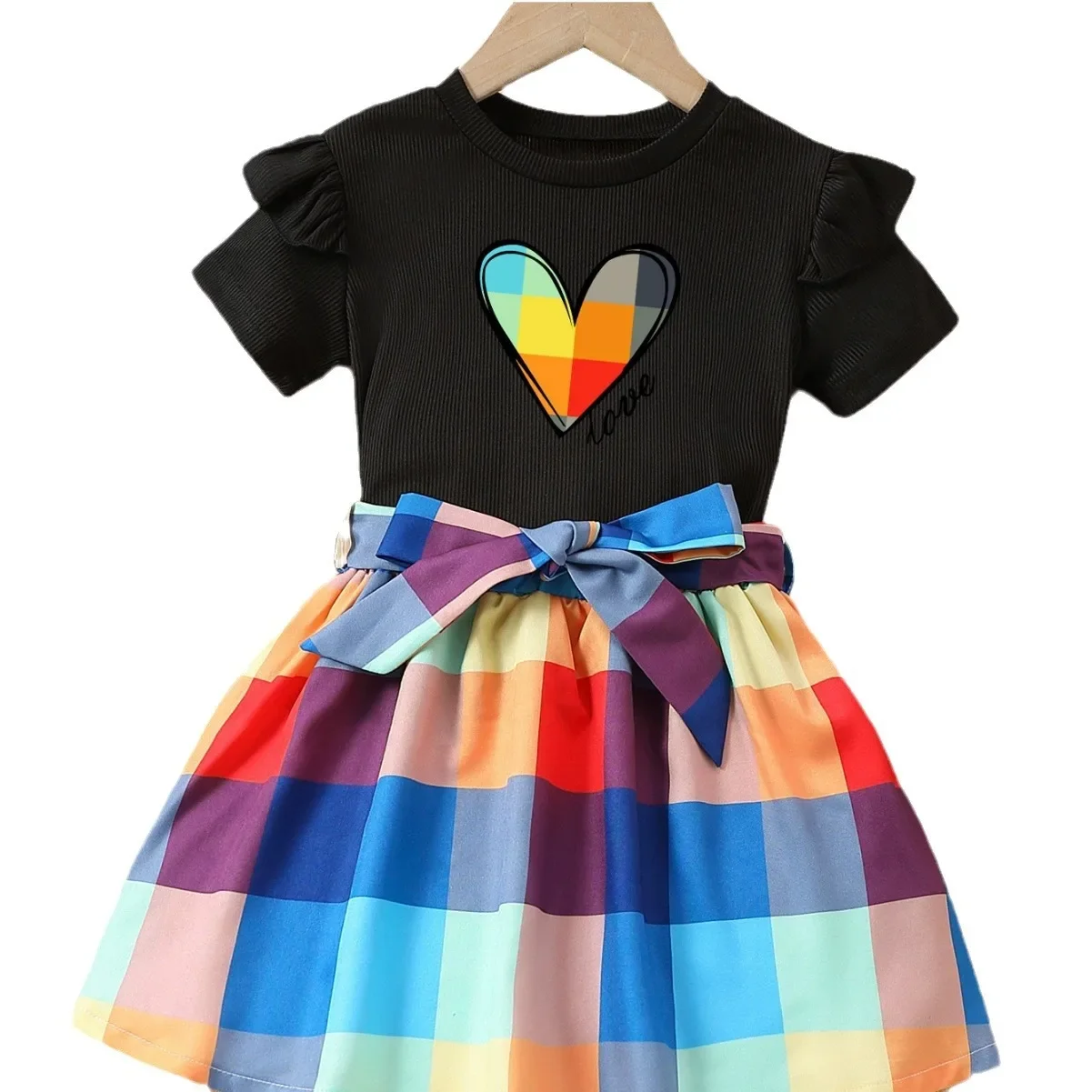 Conjunto de ropa informal para niños y niñas, camiseta de manga corta con estampado de corazón y falda a cuadros, ropa de dos piezas para verano, 2024