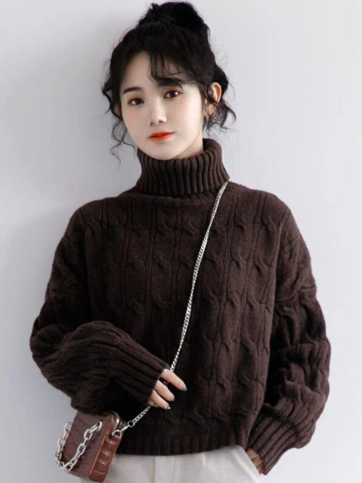 

Новый кофейный ретро женский свитер с высоким воротником из 100% кашемира, стеганая куртка, пуловер, рубашка с длинными рукавами, кардиган