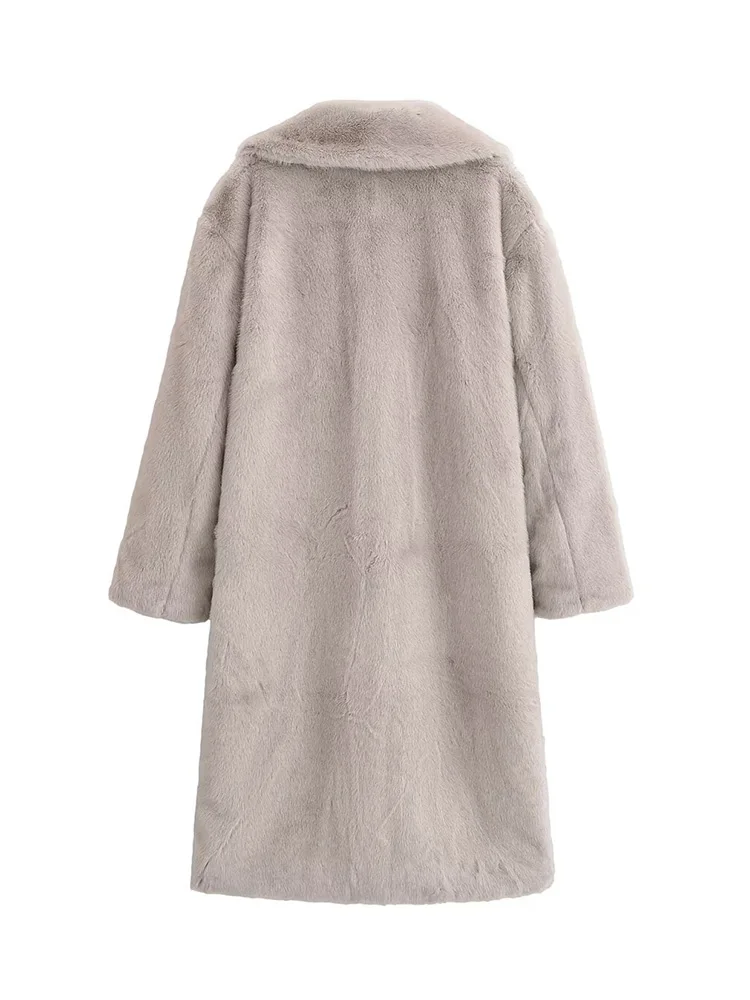 HH Elegant Woman Solid Jackets Turn-Down Collar Pockets Woman Long Sleeves Single-breasted Artificial Fur Winter Long Coats