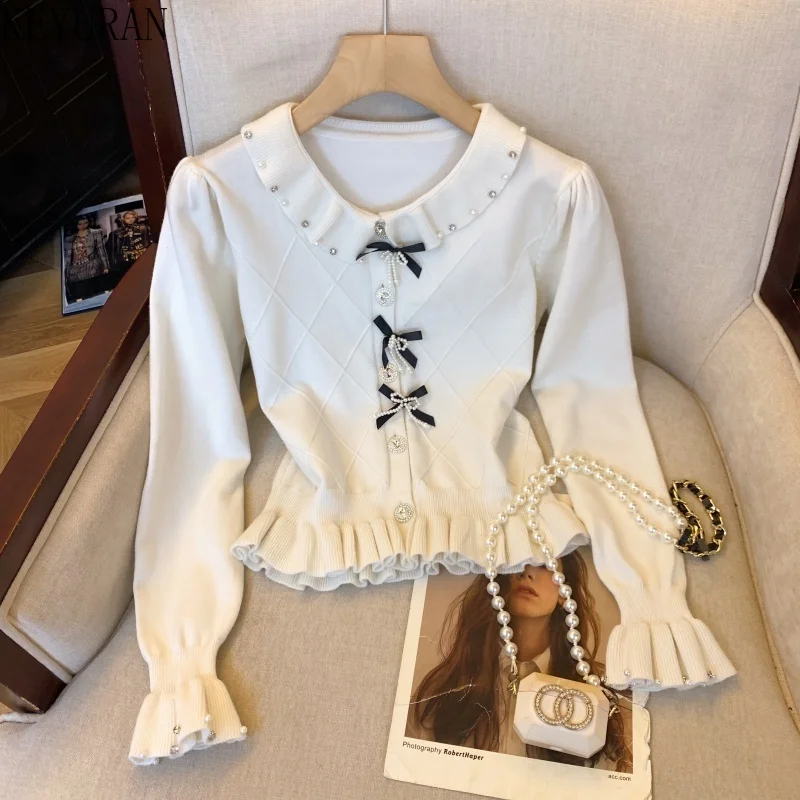 

French Diamond Beading Lapel Knitted Cardigan Sweater Women Autumn Korean Elegant Flared Long Sleeve Knitwear Tops Ladies Jumper