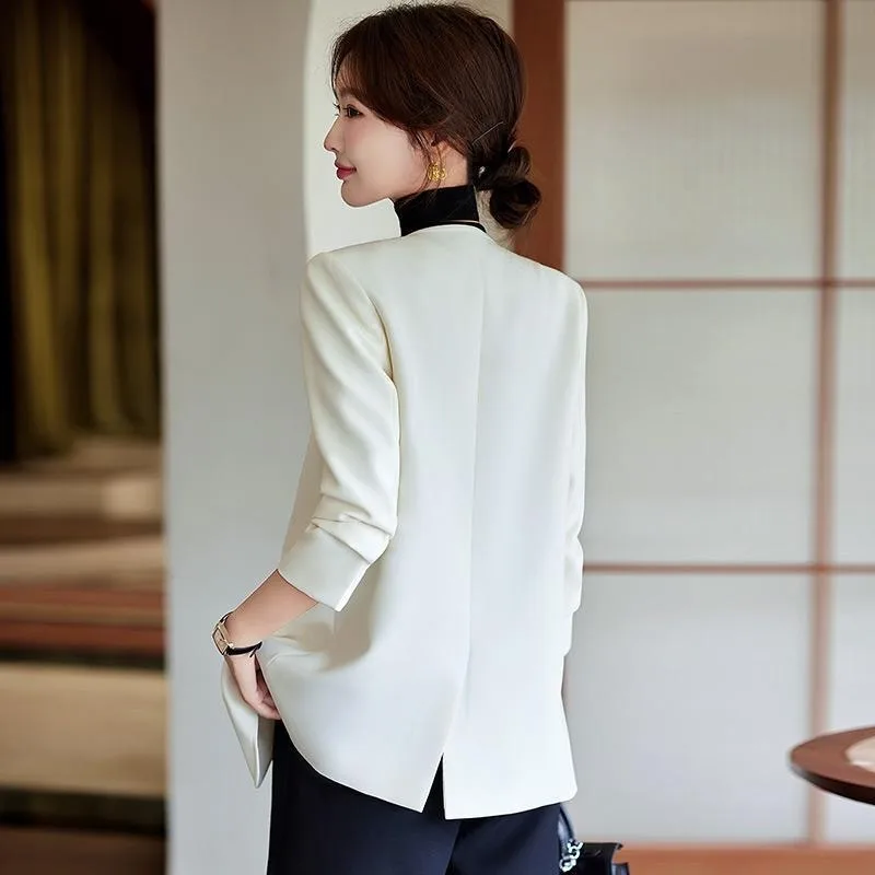 New High End White Fashion Women's Jacket Autumn Solid Color V-neck Long Sleeve Solid Color Casual Blazer Coat OL Outwear Top