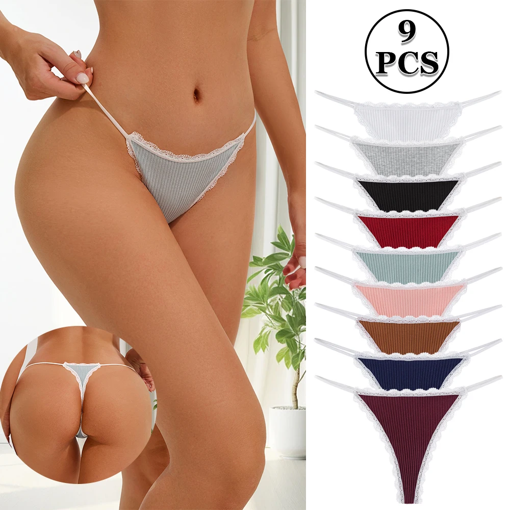 9 pieces lace sexy lingеrie thong low waist women's panties comfortable breathable underwear bikini thin strap T pants