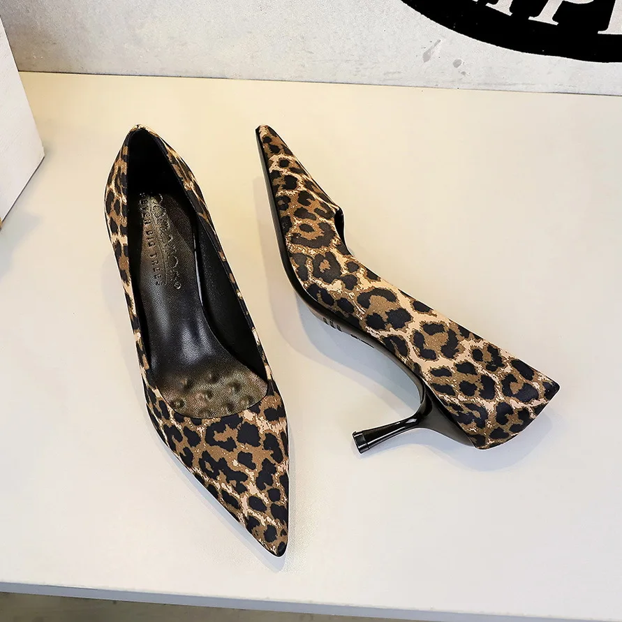 

BIGTREE Fashion Concise High Heels Satin Shallow Lady Women's Pumps Stiletto 6.5cm Prom Dress High Heeled Shoes Black Leopard