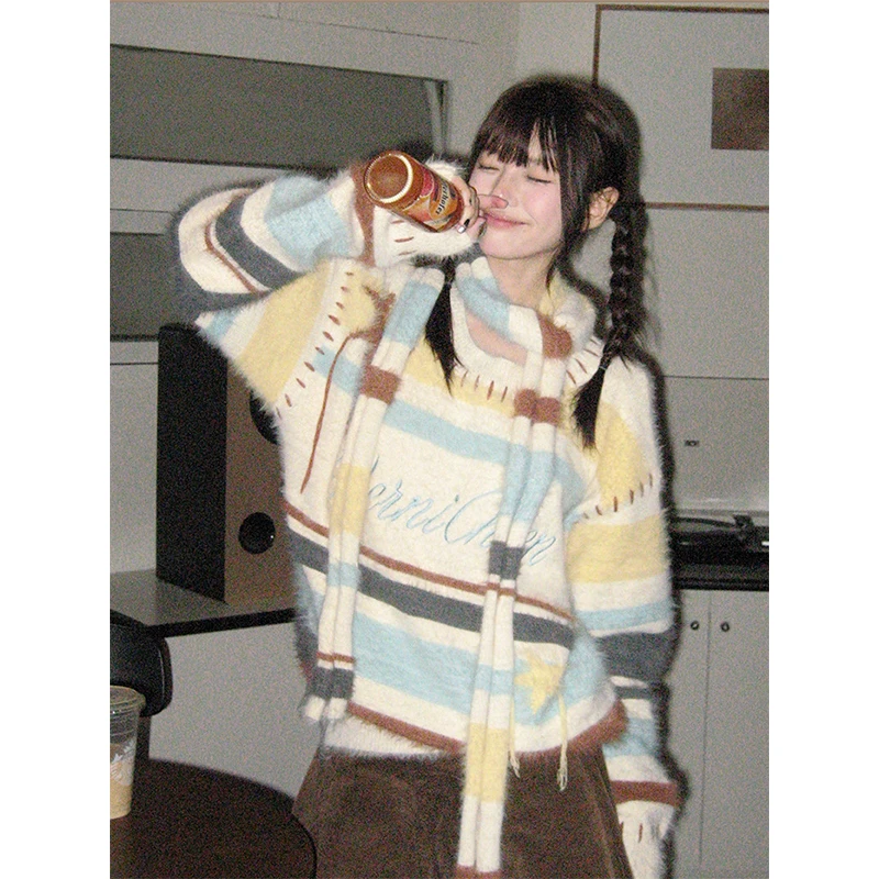 

Harajuku Striped Sweater Women Fashion with Scarf Print Knitted Pullovers Korean Long Sleeve Knitwear Winter Aesthetic Jumpers