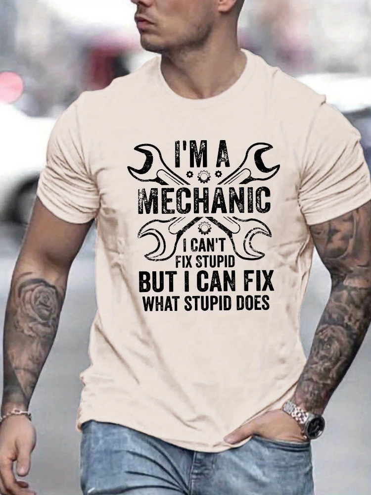 I'M MECHANIC Print, Men's Crew Neck design-100% Tees, Casual Comfy T-shirts For Men, Clothing Tops For Summer.