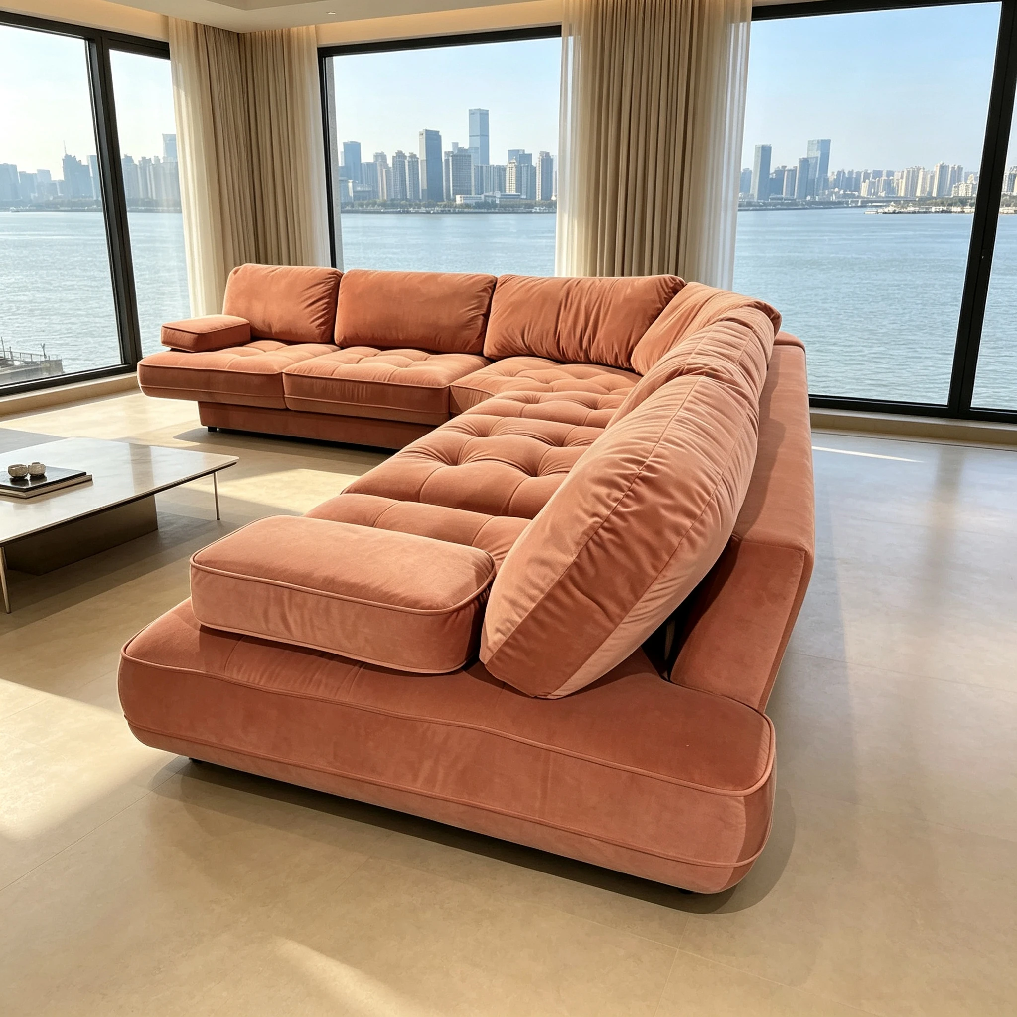 &Luxury Curved L Shape Modular Velvet Sectional Sofa Solid Wood Frame Foam Corner Couch Cloud Modern Living Room Furniture