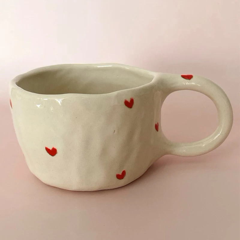 

New mug design Love mug Creative heart handle water cup cute handmade ceramic coffee cup saucer set