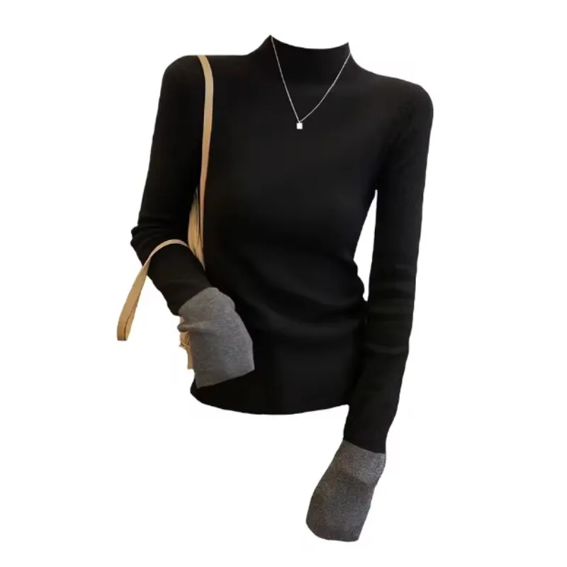 

Винтажная водолазка, флисовая теплая футболка, женская лоскутная осенне-зимняя базовая футболка, черные однотонные футболки, женская повседневная блузка