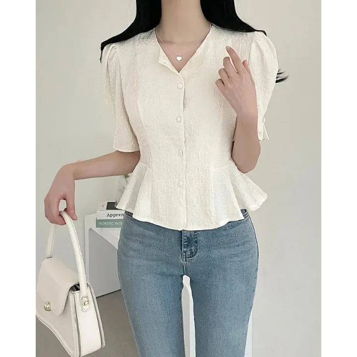 

Summer Chic Retro Casual round Ne ort Sve irt Bubble Sve Top Women's Premium Faion Commute Sle Straight Cut