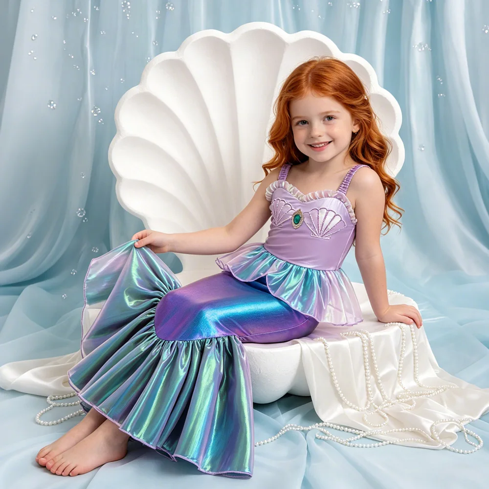 Girls Mermaid Fishtail Tulle Dress Kids Performance Cosplay Gown for Birthday Party Halloween Carnival School Stage Show