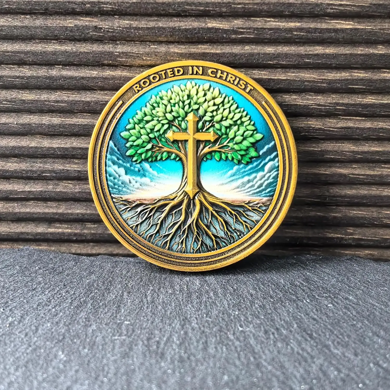 عملة تحدي كريستيان - 1.57 بوصة من سبائك الزنك جذور في المسيح، تصميم الصليب والشجرة، هدية ملهمة للإيمان والتشجيع