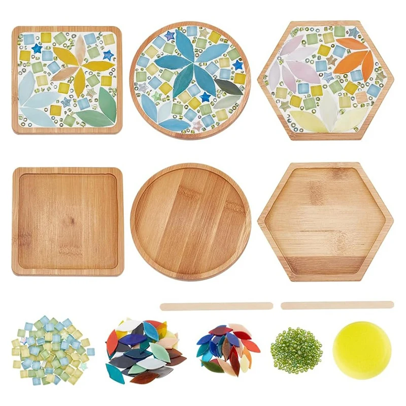 Set da 3 pezzi Kit artigianale per mosaico di foglie fai-da-te Set di sottobicchieri per mosaico di bambù fai-da-te Set di piastrelle per mosaico in vetro fai-da-te Decorazioni per la casa Regalo di compleanno