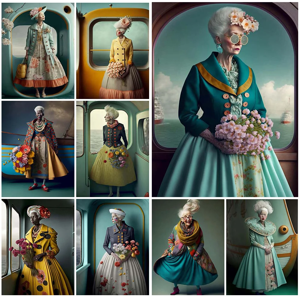 

Modern Dress Up Old Lady Model Woman Posters Prints Wall Art Canvas Painting Home Decor Wall Pictures For Living Room Unframed