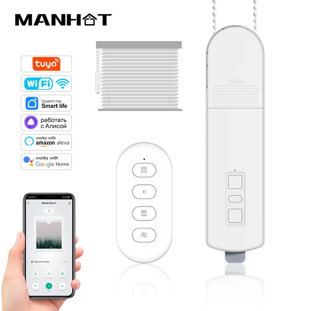 Manhot Tuya Smart Life WiFi Smart Motor Electric Chain Roller Blinds Shade Shutter Drive App Compatible With Alexa/Google Home