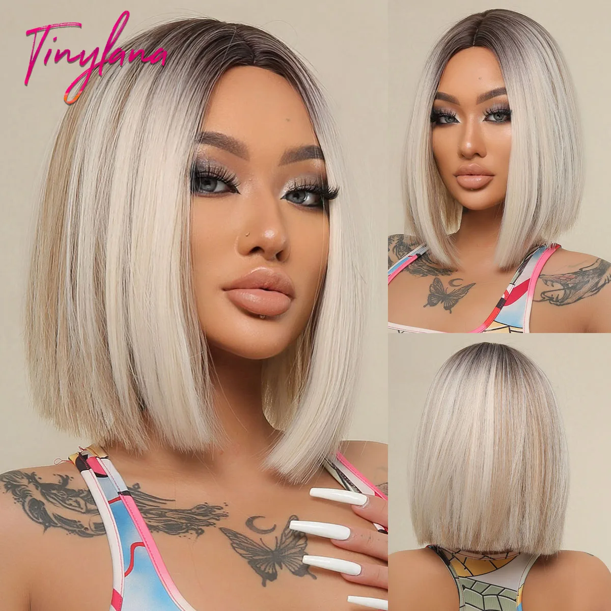 Ash Blonde Short Straight Bob Synthetic Wigs with Dark Roots Gray Platinum Middle Part Wig for Women Natural Heat Resistant Hair