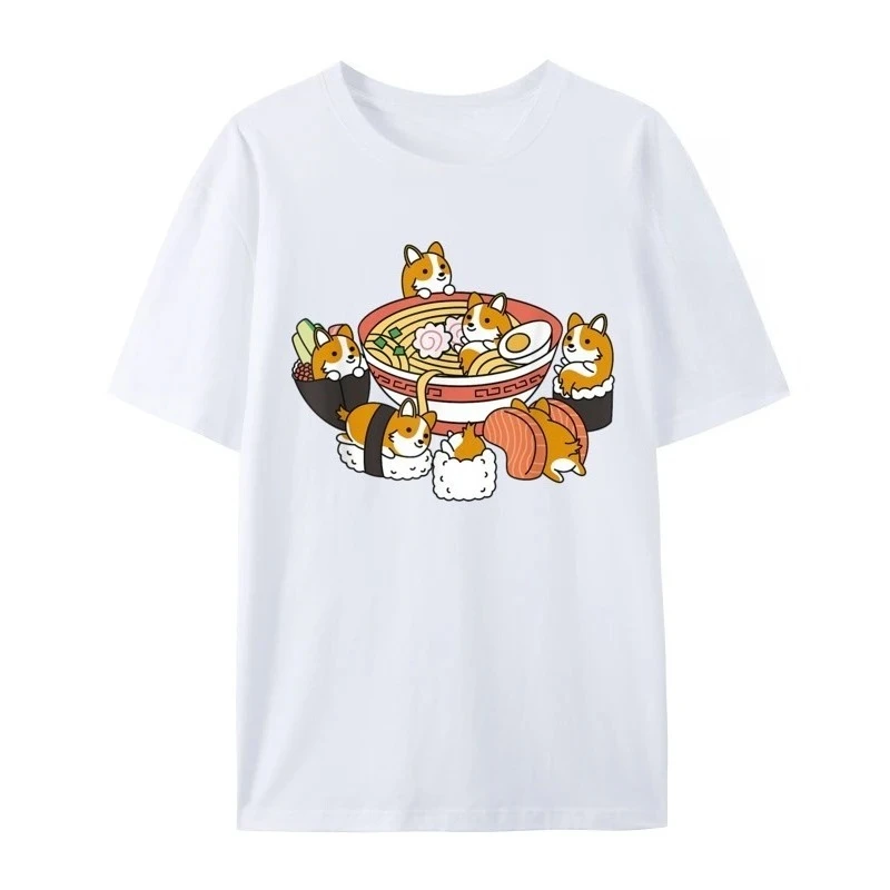Ramen Sushi Corgi T-shirt Casual T-shirt Print Dameskleding Mode Grafische T-shirts Esthetische kleding Zomer Streetwear Y2K