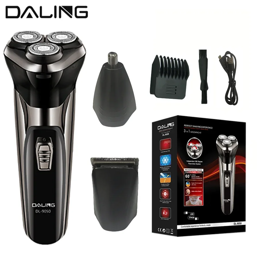 DALING DL-9050 Rechargeable Three Head Electric Shaver, Multi functional 3-in-1 Shaver, Hair Clipper, and Nose Hair Trimmer