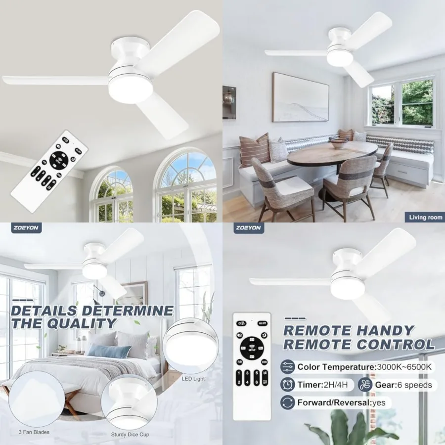 

Ceiling Fans with Lights - Low Profile Ceiling Fan with Light and Remote Control, Reversible, 3CCT Dimmable, Noiseless, Small F