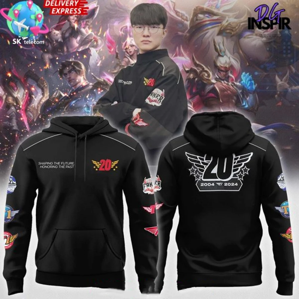 2024 Men's Women's SKT T1 Faker 20th Anniversary Special Long Sleeve Hoodie Youth Kids Street Trend Style Unisex Sweatshirt