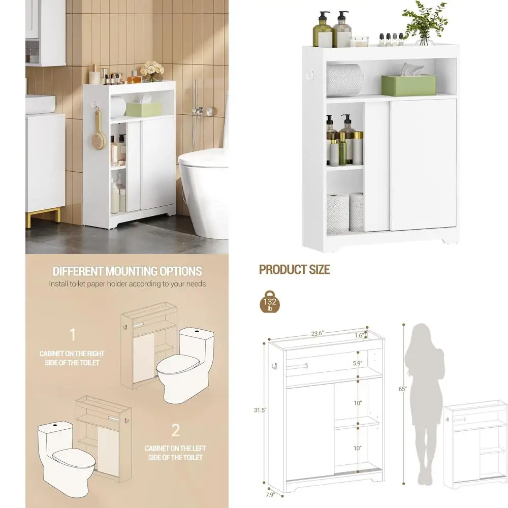 

Compact White Bathroom Storage Cabinet with Sliding Door and Toilet Paper Holder for Small Spaces