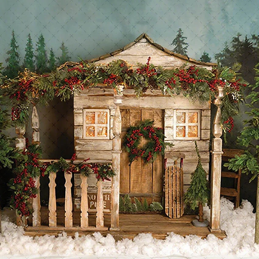 Mehofond Photography Background Winter Christmas Vintage Cottage Snow Xmas Tree Kids Family Portrait Decor Backdrop Photo Studio