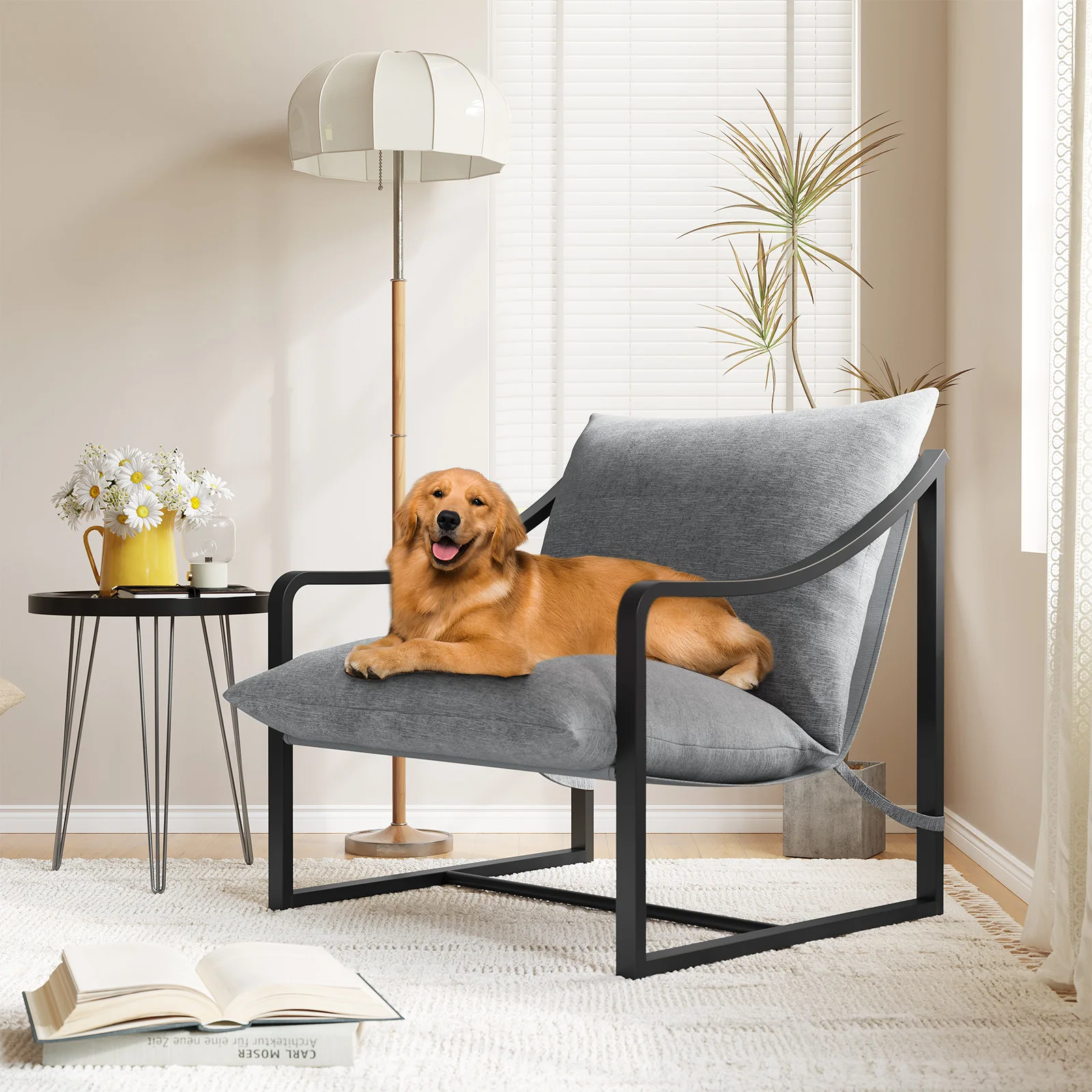 

Mid-Century Modern Sling Accent Chair, Comfy Fabric Living Room Chairs with Heavy Duty Metal Frame, Lounge Reading Armchair