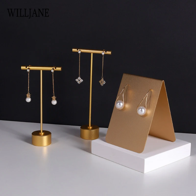 Metal Stud Dangle Earrings Display Rack T Bar Stand Jewelry Hanger Organizer Holder Eardrop Freestanding Shelf White Resin Block