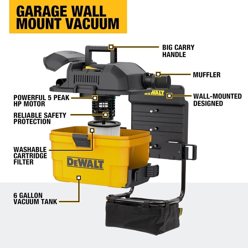 6 Gallon 5HP Wall-Mounted Wet/Dry Vacuum Cleaner for Garage Use