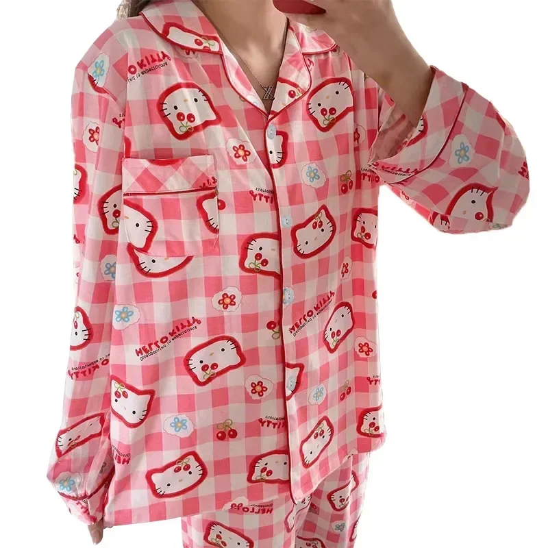 Sanrio hello kitty outono puro algodão novas calças de manga comprida pijamas femininos casuais pijamas de seda conjunto loungewear feminino