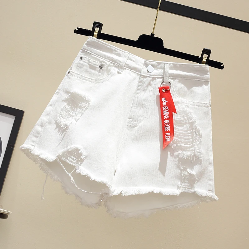

Summer Thin High Waist Ripped Denim Shorts Women Loose Slimming Large Size Wide Leg Pants Straight Leg Natural Waist Jeans