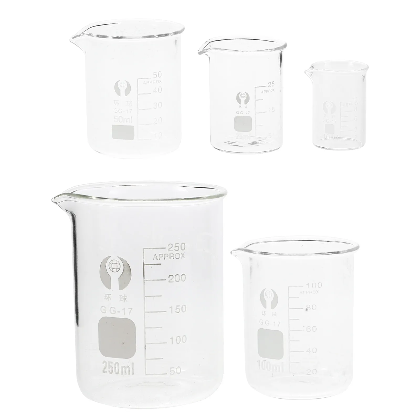 

Набор из 5 стеклянных мерных стаканов (10 мл, 25 мл, 50 мл, 100 мл, 250 мл), прозрачные, термостойкие, низкопрофильные, градуированные, для научных лабораторий и химических исследований