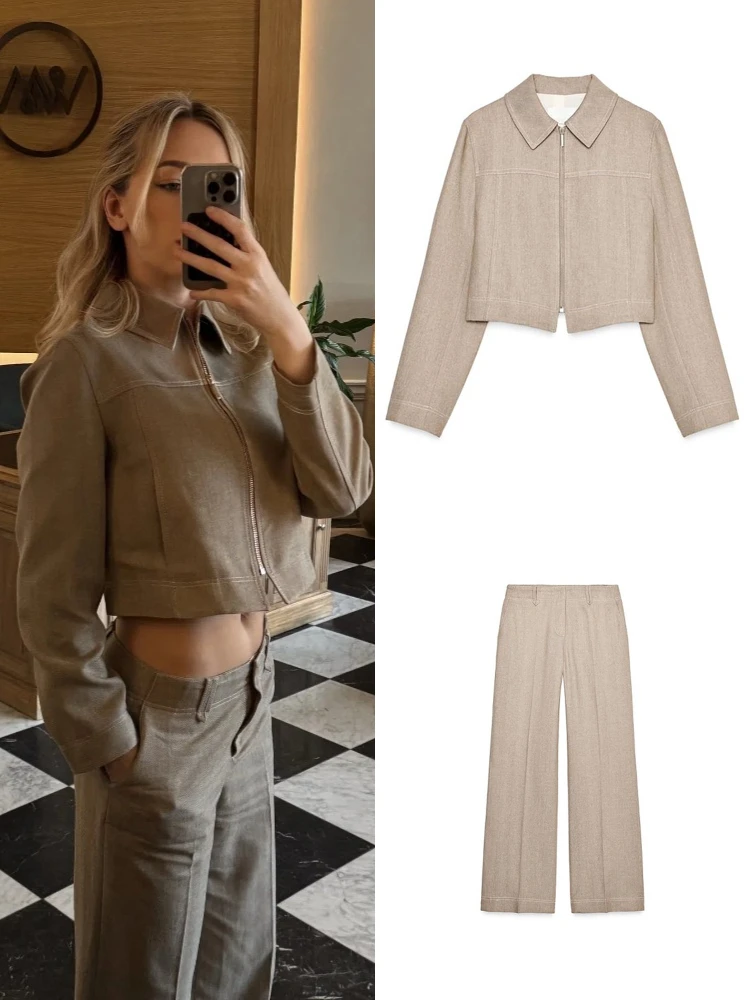 

Lapel Jacket Pants Suits Women Minimalism Long Sleeve Zipper Loose Short Coats High Waist Wide Leg Pants Chic Office Lady Outfit