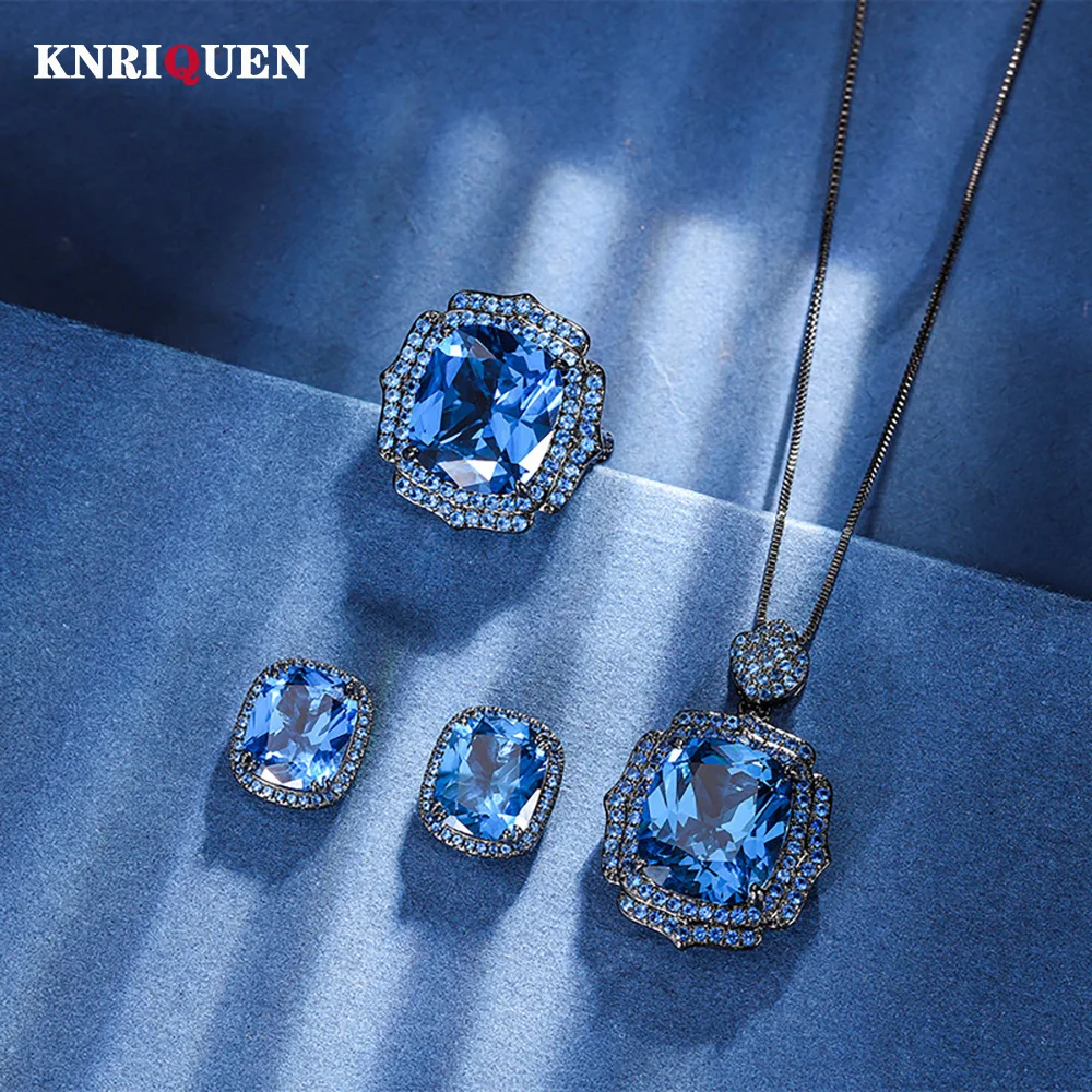 

New Retro Sapphire Gemstone Necklace Pendant Ring Earrings Wedding Party Personality Fine Jewelry Set for Women Anniversary Gift