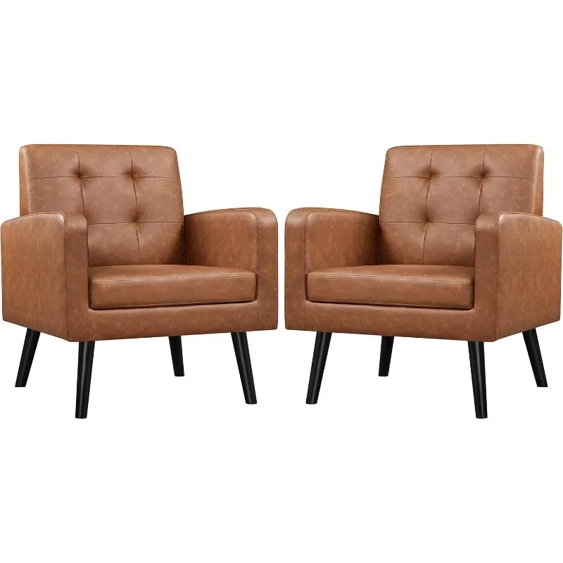

Mid-Century Accent Chairs, PU Leather Modern Upholstered Living Room Chair, Cozy Armchair Button Tufted Back and Wood Legs, 2PCS