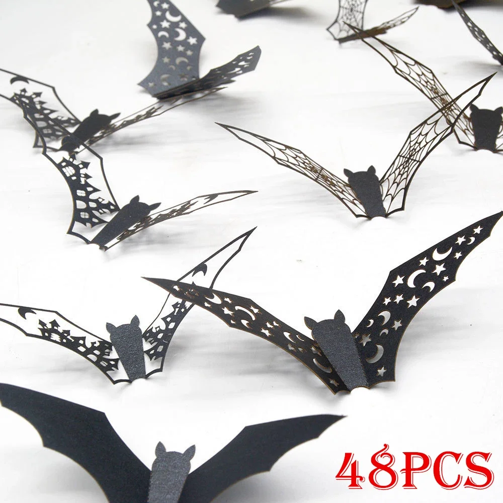 12/48pcs Halloween Decoration 3D Bat Wall Stickers Hollow Black Bat for DIY Halloween Party Horror House Scary Decal Decor