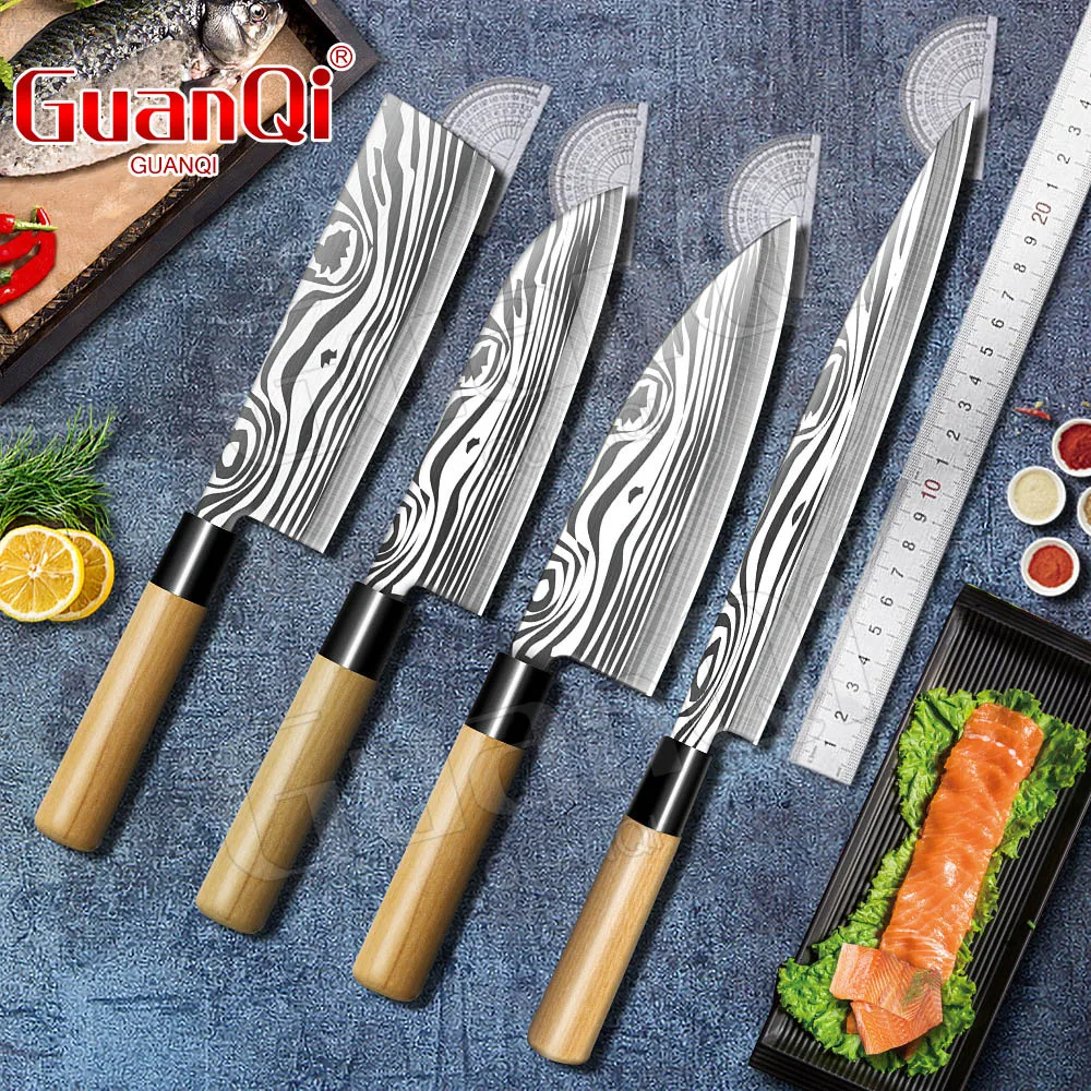 Cuchillos japoneses para Sushi y salmón, juego de cuchillos de Chef de Damasco láser, cuchillo de cocina Sashimi, cortador de cocina de acero