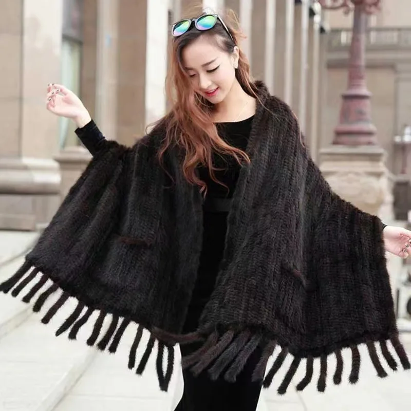 Real Mink Fur Shawl Scarf Women Fashion Fur Poncho Was Knitted With Mink Fur Black Scarves Scarf Long Soft Warm Fur Scarf Shawls