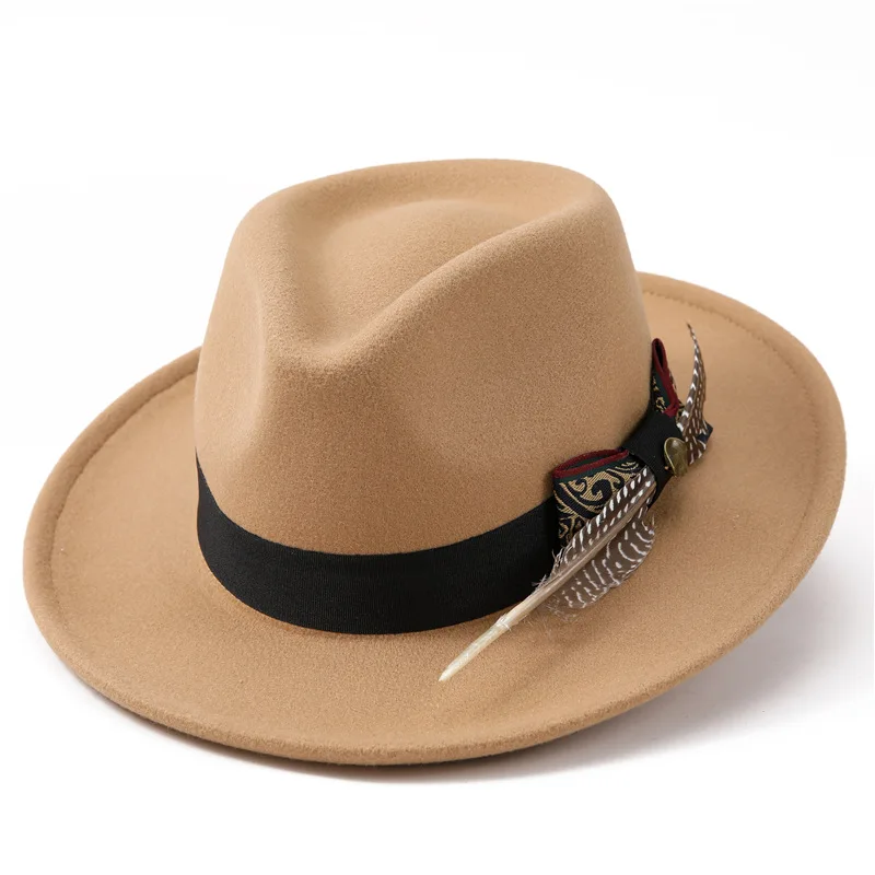 Breitkrempiger Fedora-Hut für Herren mit Federband, Vintage Jazz-Hut, Herbst-Winter, Hochzeit, Party, Reisen, Casual, Mode, formelle Kopfbedeckung – Detail 3
