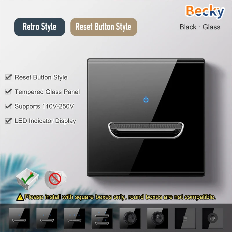 Becky Black Tempered Glass Panel Retro Wall Switch Socket Combo 16A For EU UK Standard With LED Indicator Suitable For Home Use