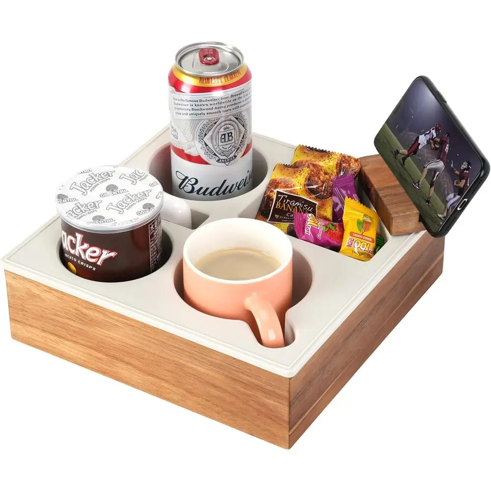 

Portable Silicone Acacia Wood Sofa Caddy - Waterproof Cup Holder for Snacks, Drinks, and Remotes (White)