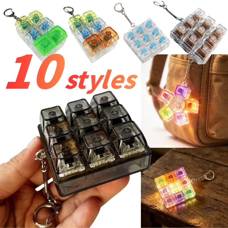 10 Styles LED Keyboard Fidget Keychain Stress Relief 9-Key Transparent Switch Tester Keychain Fingertip Decompression Toys