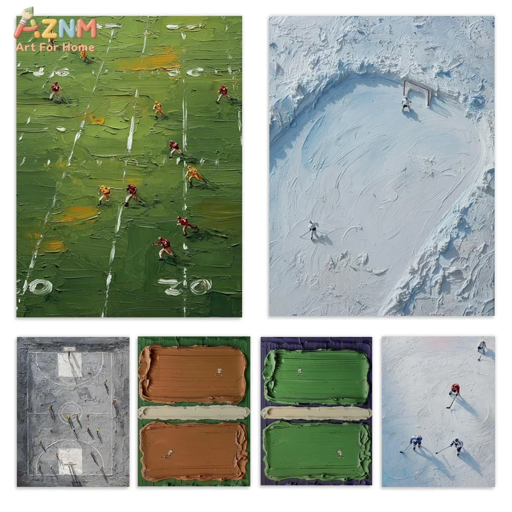 AZNM Impasto Sport Canvas Wall Art American Football Ice Hockey Basketball Baseball Thick Texture Minimalist Stadium Poster Unfr