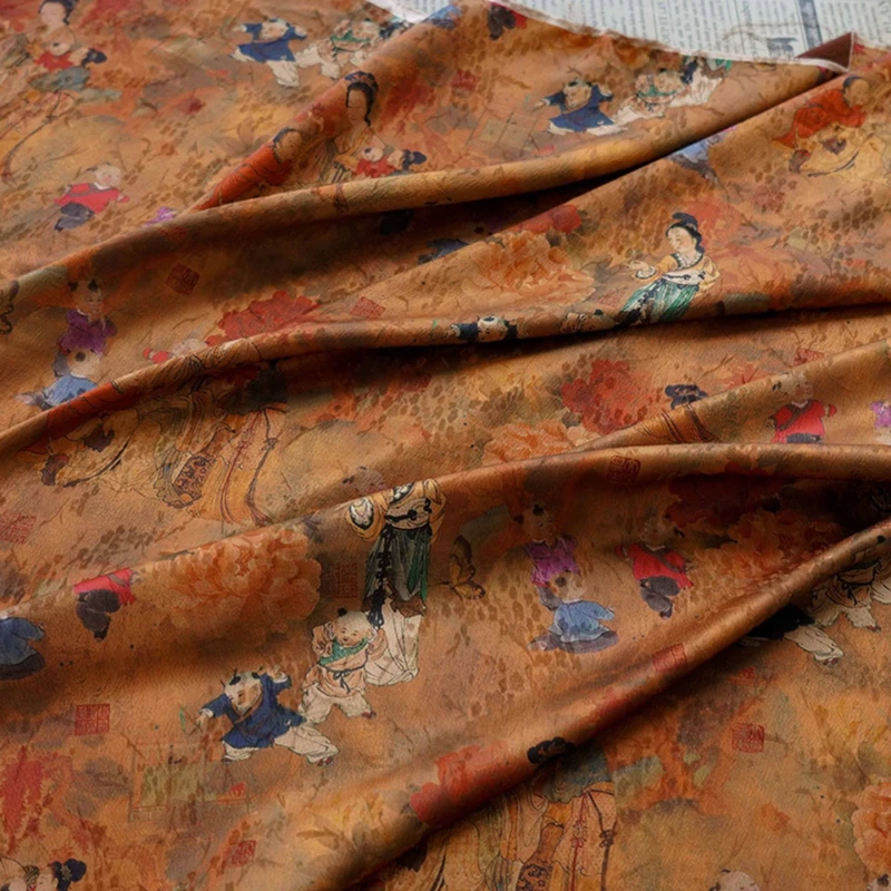 Gambiered Guangdong Silk Fabric Chinese Cheongsam Dress Kids Printed Pattern Fashion Decoration Craft Textile Material