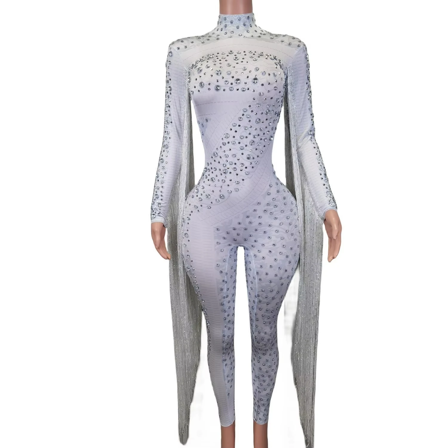 

Wholesale Sexy Rhinestone Tassel One Piece Bodysuit Show Pole Dance Wear Ladies Party Rompers Women Stage Performance Jumpsuits