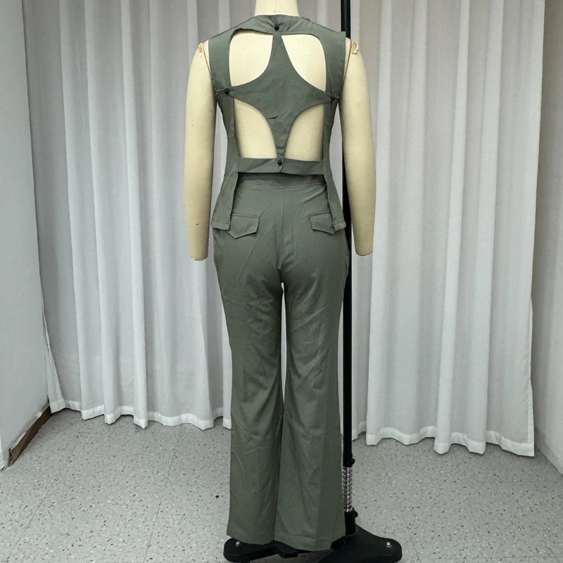 Wefads Two Piece Set Women Summer Office Chic Solid V Neck Sleeveless Backless Single Breasted Button Vest Top Loose Pants Sets