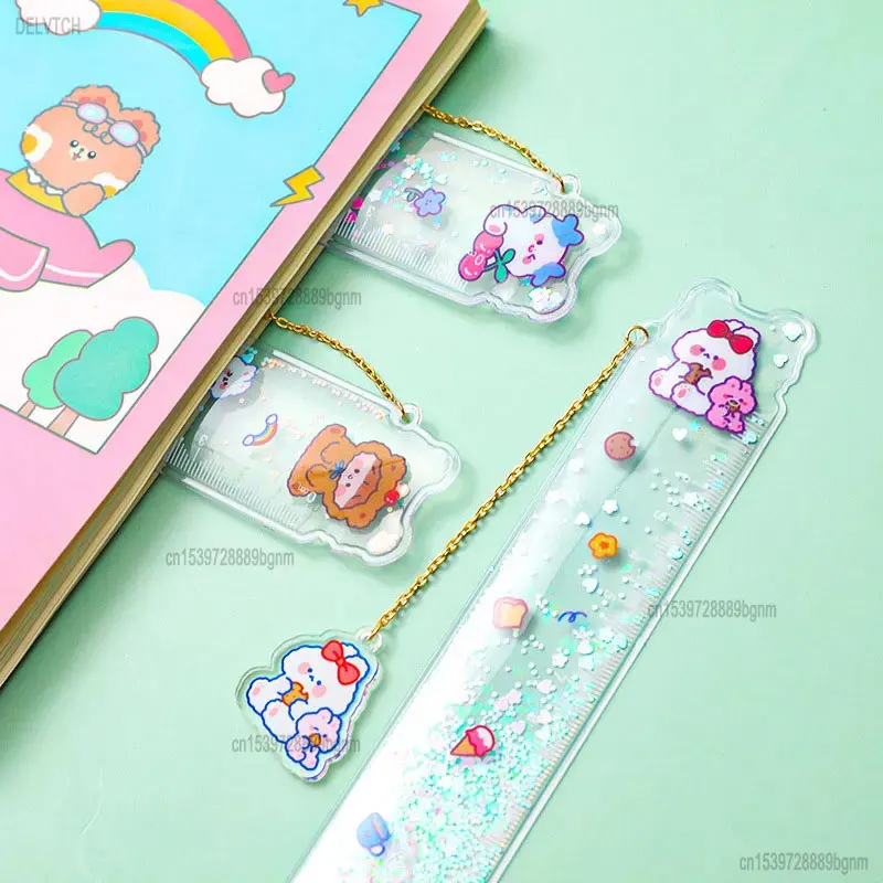 Transparent Oil Quicksand Sequin 15cm Measuring Straight Scale Ruler Soft Bookmark With Cute Pendant Student Drawing Stationery