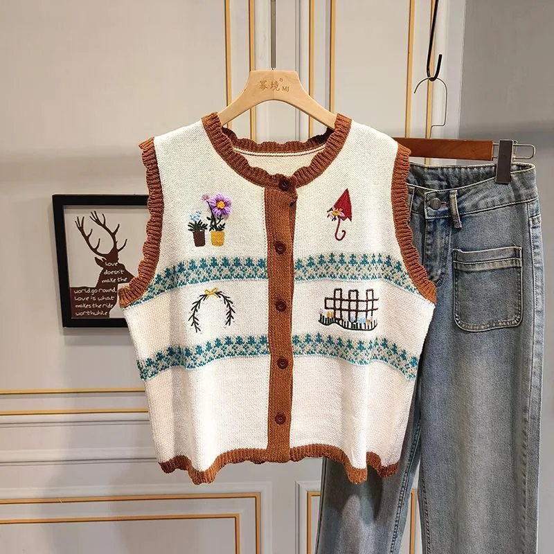 Women Embroidered Knit Vest Ruffle Trim Sleeveless Cardigan Preppy Style Loose Waistcoat For Autumn