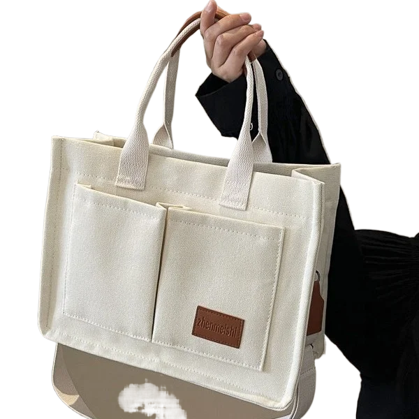 

New Women Retro Canvas Tote Bag, Casual Multi-Pocket Handbag, Large Capacity Shoulder & Crossbody Bag for Daily Use